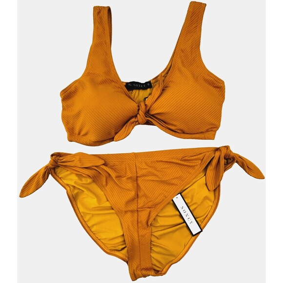 NWT Soncy Bikini Two Piece Swimsuit Tie Detail Ribbed Mustard Yellow Curvy Sz 12 - Picture 4 of 14